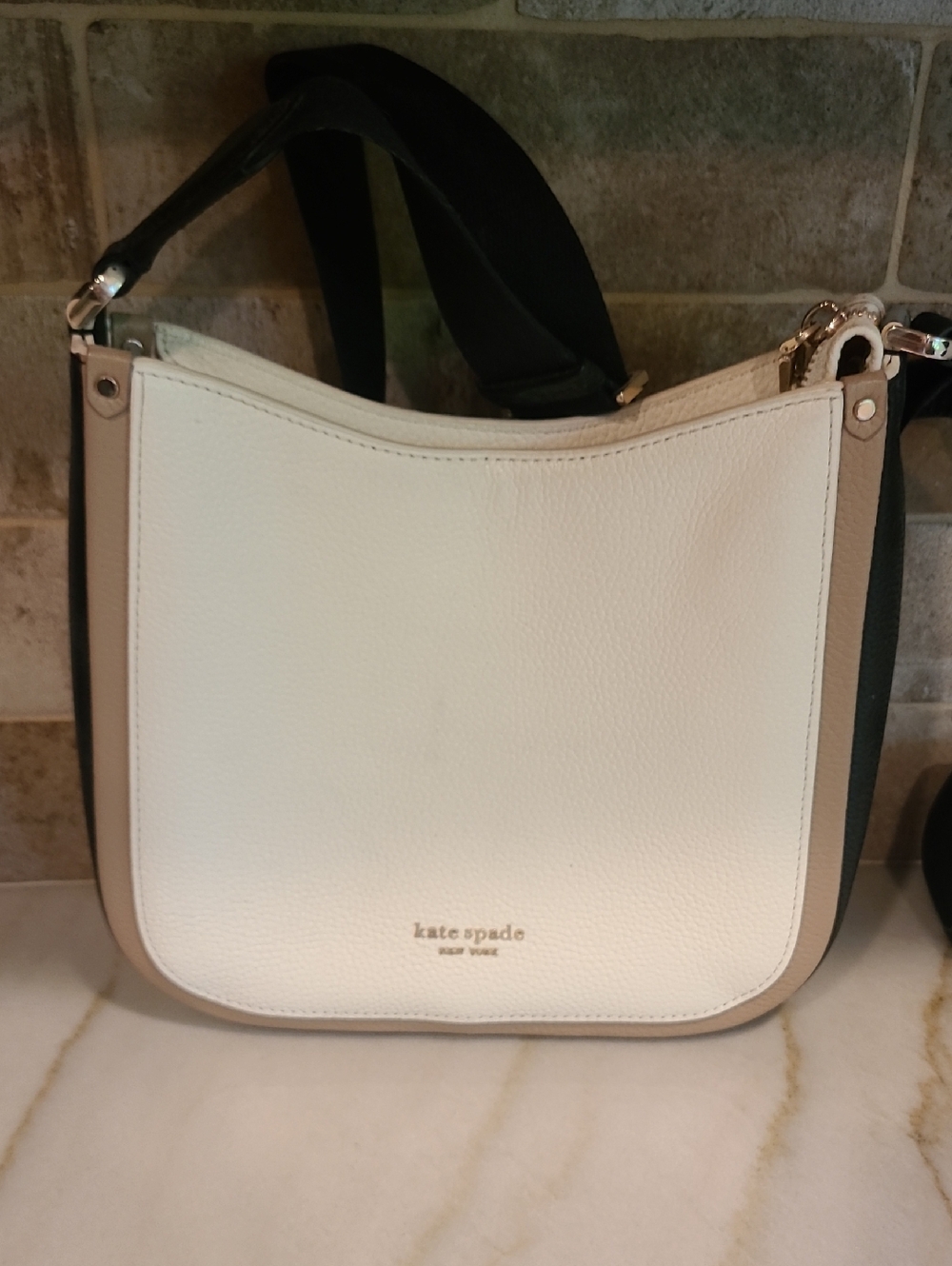 Kate Spade White and Beige Pebbled Leather Crossbody with Black Strap